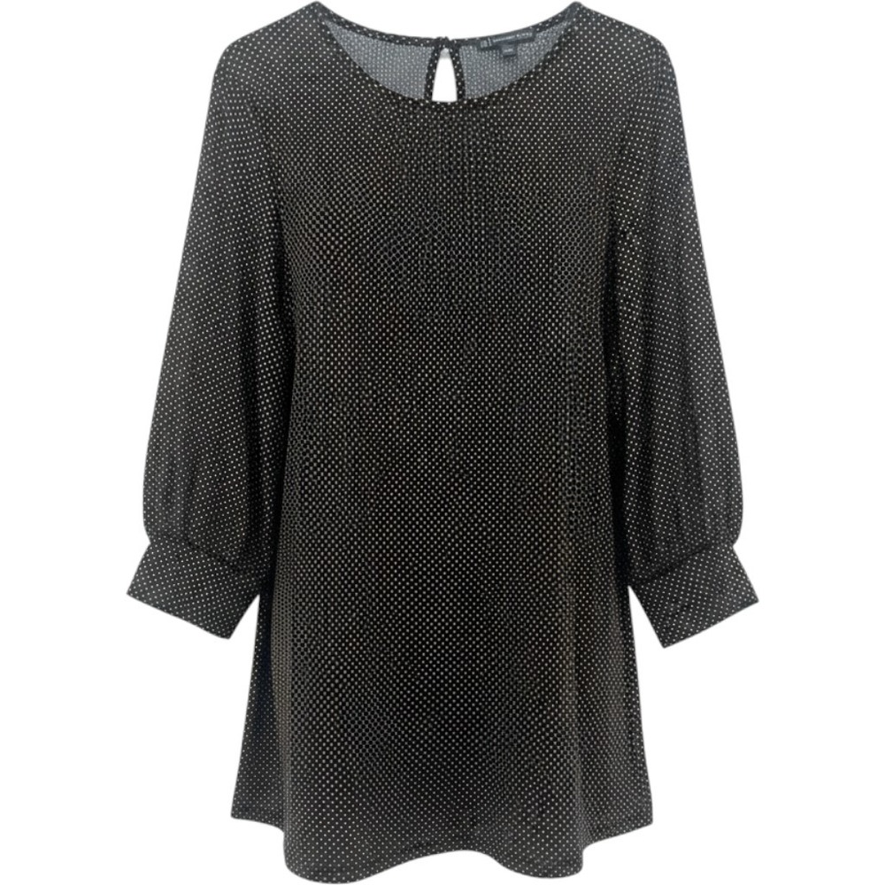Classic Chic Adrianna Papell Blouse Women 2X Black Tan Polka Dot Bishop Sleeve